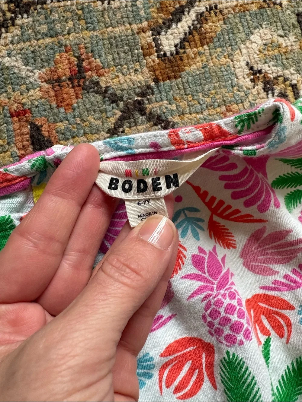 Mini Boden | Colorful Parrot & Palm Print Dress | Cotton | Pockets | 6-7 years - Picture 6 of 9